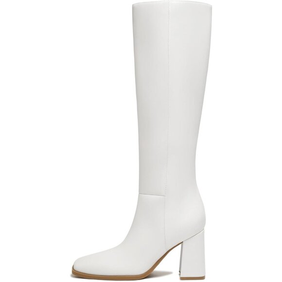 Women's Faux Leather White Square Toe Side Zipper Chunky Heel Knee High Boots - Picture 3 of 6